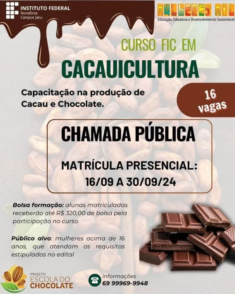Campus Jaru, do IFRO, abre chamada pública de candidatas para o Curso FIC em Cacauicultura pelo Programa Mulheres Mil