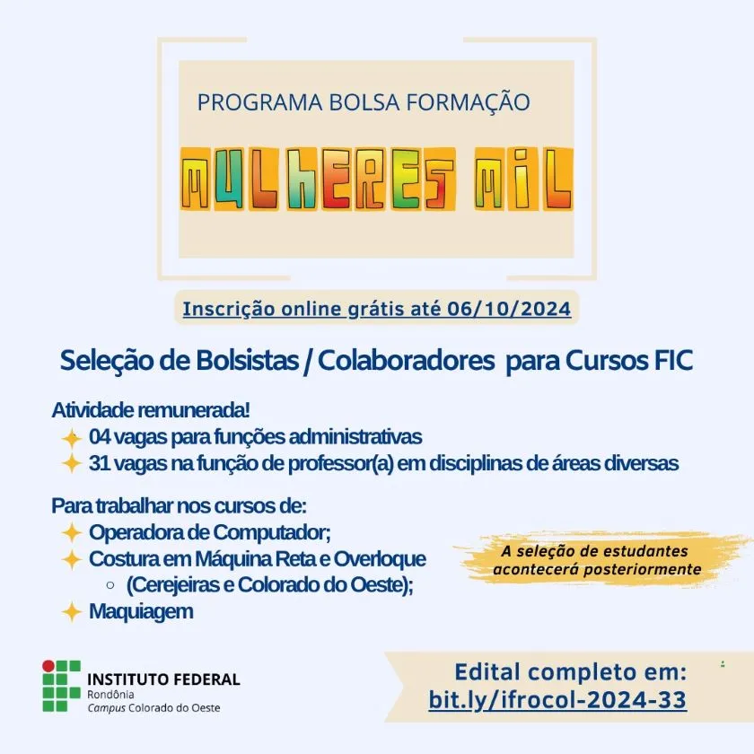Campus seleciona profissionais para atuarem em cursos do Programa Mulheres Mil