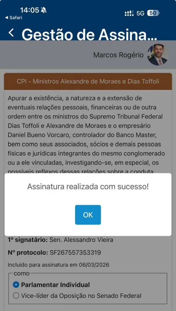 Senador Marcos Rogério assina pedido de CPI contra ministros do STF